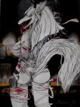  anthro antlers bandage beast_(bloodborne) black_nose blood blood_stain bloodborne bodily_fluids breasts camel_toe candle canid canine canis cathedral clothing covered_eyes female fromsoftware fur hair hi_res horn isidia_f1 mammal open_mouth raised_tail rear_view solo sony_corporation sony_interactive_entertainment string tongue tongue_out underwear vicar_amelia video_games were werecanid werecanine werewolf white_body white_fur white_hair white_tail wolf 