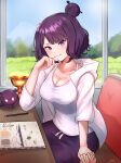  1girl absurdres bangs breasts cleavage fate/grand_order fate_(series) hair_bun hair_ornament hairpin highres holy_grail_(fate) katsushika_hokusai_(fate) looking_at_viewer medium_breasts purple_eyes purple_hair sitting smile solo tank_top teeth window zet_(twt_zet) 