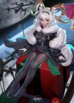  1girl absurdres animal_ears arknights black_coat black_gloves black_hairband carnelian_(arknights) carnelian_(hohenlohe_chillysand)_(arknights) christmas coat commentary_request dark-skinned_female dark_skin feather_boa feet full_body fur-trimmed_coat fur_shawl fur_trim gloves goat_ears goat_girl goat_horns god_hunter hairband highres horns jacket official_alternate_costume revision shawl soles solo steaming_body white_jacket 