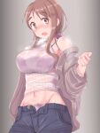  blush bra_visible_through_clothes breasts brown_background brown_hair check_commentary commentary commentary_request gradient gradient_background highres jacket jacket_partially_removed large_breasts looking_at_viewer matsumoto_yoriko midriff_peek navel open_clothes open_fly open_jacket open_mouth orange_eyes panties pants panty_peek see-through sidelocks simple_background single_bare_shoulder steam steaming_body sweat sweating_profusely sweaty_clothes unbuttoned underwear upper_body yuukin yuyushiki 