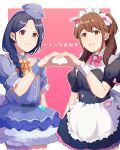  2girls akiba_maid_sensou animal_ears apron bangs black_dress blue_dress blue_hair blunt_bangs bow braid brown_eyes brown_hair dress fake_animal_ears frilled_apron frilled_dress frills hat heart heart_hands heart_hands_duo highres higure28 long_hair looking_at_viewer maid maid_apron maid_headdress multiple_girls nerula_(akiba_maid_sensou) open_mouth pig_ears pink_bow police_hat red_eyes short_sleeves smile standing thighhighs two_side_up wahira_nagomi waist_apron white_apron wrist_cuffs 