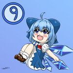  1girl :d ball blue_background blue_eyes blue_hair brown_footwear chibi chutte23 cirno dress highres ice ice_wings red_ribbon ribbon shirt simple_background smile touhou watermark white_shirt wings 