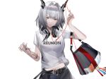  1girl alternate_costume arknights bangs belt black_belt brown_eyes clothes_writing commentary eugle_na grey_hair hair_intakes highres holding holding_eyewear horns looking_at_viewer midriff_peek navel shirt short_hair short_sleeves solo talulah_(arknights) upper_body white_shirt 