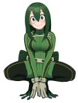  1girl absurdres asui_tsuyu black_eyes blush bodysuit boku_no_hero_academia breasts commentary_request frog_girl full_body gloves goggles goggles_on_head green_eyes green_hair hair_between_eyes highres kobaji long_hair looking_at_viewer low-tied_long_hair simple_background solo squatting superhero 