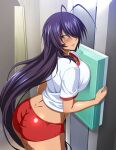  1girl alternate_costume antenna_hair ass blush breast_press breasts buruma cleavage collarbone floating_hair grey_eyes hair_over_one_eye ikkitousen kan&#039;u_unchou large_breasts long_hair looking_at_viewer midriff parted_lips purple_hair red_buruma shiny shiny_hair shiny_skin shirt short_sleeves solo sportswear standing t-shirt very_long_hair white_shirt 