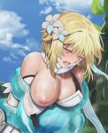  1girl bangs bare_shoulders blonde_hair blue_sky blush breasts cyclone_(reizei) detached_sleeves dress feather_hair_ornament feathers flower genshin_impact hair_flower hair_ornament highres large_breasts lumine_(genshin_impact) medium_hair nipples one_breast_out open_mouth restrained scarf sidelocks sky slime_(creature) white_dress white_scarf yellow_eyes 