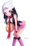  1girl absurdres bare_arms black_eyes black_hair black_shirt black_socks boots breasts dawn_(pokemon) hand_on_own_knee hat highres knee_boots leaning_forward long_hair miniskirt open_mouth pink_footwear pink_skirt poke_ball_print pokemon pokemon_(game) pokemon_dppt print_headwear red_scarf sawarabi_(sawarabi725) scarf shiny shiny_hair shirt simple_background skirt sleeveless sleeveless_shirt small_breasts socks solo standing twitter_username white_background white_headwear 