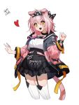  1girl :d absurdres animal_ears arknights bangs black_bracelet black_hairband black_skirt blue_bow bow braid cat_ears cat_girl cat_tail coat floppy_ears garter_straps goldenglow_(arknights) hairband hands_up heart highres id_card jacket lightning_bolt_print long_hair open_mouth pink_coat pink_hair pink_jacket print_hairband scissors scottish_fold shirt simple_background single_braid skirt smile solo standing suye tail thighhighs two-tone_coat white_background white_shirt yellow_eyes 