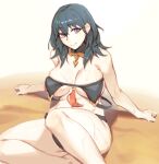  1girl adapted_costume bangs berg-yb bikini black_bikini blue_eyes blue_hair breasts byleth_(fire_emblem) byleth_(fire_emblem)_(female) byleth_(summer)_(fire_emblem)_(female) cleavage closed_mouth fire_emblem fire_emblem:_three_houses fire_emblem_heroes highres large_breasts medium_hair navel official_alternate_costume smile swimsuit tassel 