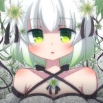  1girl artist_request bangs bare_shoulders blush breasts check_artist cleavage collarbone criss-cross_halter flower green_eyes green_flower hair_between_eyes hair_flower hair_ornament halterneck looking_at_viewer medium_breasts original parted_lips rensei solo upper_body white_flower white_hair 