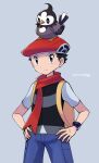  1boy absurdres black_eyes black_hair black_vest blue_pants closed_mouth grey_background hands_on_hips hat highres lucas_(pokemon) male_focus on_head pants poke_ball_print pokemon pokemon_(creature) pokemon_(game) pokemon_dppt pokemon_on_head print_headwear red_headwear red_scarf sawarabi_(sawarabi725) scarf short_hair short_sleeves simple_background solo starly twitter_username vest white_sleeves 