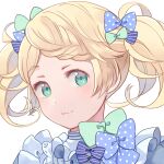  1girl 631 absurdres bangs blonde_hair blush bow braid braided_bangs frills green_eyes hair_bow highres multiple_hair_bows original polka_dot polka_dot_bow short_hair smile solo striped striped_bow twintails 