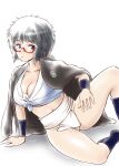  1girl absurdres arm_support artist_name black_hair blue_eyes blush breasts cleavage closed_mouth collarbone fundoshi girls_und_panzer glasses groin haori highres hiyama_yuu_(wee259hiyama) japanese_clothes large_breasts looking_at_viewer lying medium_hair navel on_side oryou_(girls_und_panzer) ponytail shiny shiny_hair simple_background solo white_background yamakasa 