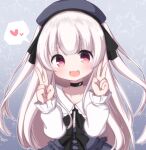  1girl :d beret black_bow black_choker black_headwear black_skirt blush bow choker collarbone collared_shirt commentary_request double_v grey_background hair_bow hands_up hat heart highres indie_virtual_youtuber long_hair long_sleeves puffy_long_sleeves puffy_sleeves red_eyes rensei shirt short_eyebrows simple_background skirt smile solo sparkle spoken_heart starry_background thick_eyebrows tomari_mari two_side_up v very_long_hair virtual_youtuber white_shirt 