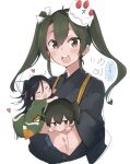  3girls absurdres artist_logo birthday_cake black_hair black_hakama blush brown_eyes brown_hair cake cropped_torso dark_green_hair dated food fruit green_eyes green_hair green_kimono hair_between_eyes hair_ribbon hakama heart highres japanese_clothes kaga_(kancolle) kantai_collection katsuragi_(kancolle) kimono long_hair looking_at_viewer ma_rukan minigirl multiple_girls open_mouth ponytail ribbon side_ponytail signature simple_background smile speech_bubble strawberry tasuki teeth twintails upper_body upper_teeth white_background white_ribbon zuikaku_(kancolle) zuikaku_kai_(kancolle) 