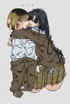  after_kiss black_hair blonde_hair closed_eyes english_text hand_on_another&#039;s_back highres hug jacket jacket_partially_removed long_hair m_k messy_hair miniskirt multicolored_hair original plaid plaid_skirt saliva saliva_trail school_uniform short_hair simple_background sketch skirt tongue tongue_out yuri 