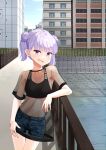  1girl :d absurdres bangs black_sports_bra blue_shorts copyright_name cowboy_shot denim denim_shorts double_bun grey_hair hair_bun highres leaning_to_the_side looking_at_viewer midriff navel new_game! open_mouth purple_eyes see-through see-through_shirt shiny shiny_hair short_hair short_shorts short_sleeves short_twintails shorts smile solo sports_bra standing stomach suzukaze_aoba thigh_gap tombox twintails 
