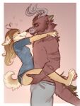  &lt;3 2022 anthro blush border bottomwear canid canine canis clothed clothing demon digital_media_(artwork) domestic_dog duo eyes_closed female fully_clothed fur grin hi_res horn male mammal shorts smile standing tan_body tan_fur white_border wolf yshanii 