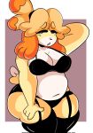  animal_crossing anthro big_breasts black_bra black_clothing black_legwear black_panties black_stockings black_underwear bra breasts canid canine canis cleavage clothed clothing digital_media_(artwork) domestic_dog female fur garter_straps hair half-closed_eyes hi_res isabelle_(animal_crossing) legwear lewd_dorky lingerie mammal midriff narrowed_eyes navel nintendo open_mouth panties shih_tzu simple_background slightly_chubby solo stockings teeth thick_thighs thigh_highs toy_dog underwear video_games yellow_body yellow_fur 