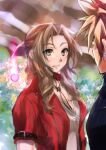  1boy 1girl aerith_gainsborough bangs blonde_hair blue_shirt blurry_vision braid braided_ponytail choker cloud_strife dress final_fantasy final_fantasy_vii final_fantasy_vii_remake flower flower_choker garden green_eyes hair_ribbon jacket long_hair looking_afar looking_at_another materia outdoors parted_bangs parted_lips pink_dress pink_ribbon red_jacket ribbon shirt short_hair short_sleeves sidelocks spiked_hair turtleneck upper_body wavy_hair wochi yellow_flower 