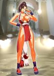  1girl bare_shoulders breasts breasts_apart brown_eyes brown_hair fatal_fury hand_on_hip high_ponytail highres iehay japanese_clothes large_breasts long_hair ninja one_eye_closed pelvic_curtain ponytail revealing_clothes shiny shiny_skin shiranui_mai smile solo standing the_king_of_fighters 