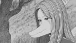  anthro blackholedog1 clothed clothing crossover dinosaur fang_(gvh) female goodbye_volcano_high grass hair half-closed_eyes hi_res long_hair long_snout markings monochrome narrowed_eyes plant pterodactylus pterosaur reptile scalie sketch snoot_game_(fan_game) snout solo tree uzumaki video_games 