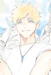  1boy blonde_hair blue_eyes cloud cloudy_sky facial_mark highres jewelry kiya looking_up male_focus naruto_(series) necklace outdoors parted_lips shirt short_hair short_sleeves sky smile solo spiked_hair teeth upper_body uzumaki_naruto whisker_markings white_shirt 