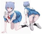  1girl all_fours animal_ears ayanami_rei bangs black_socks blue_hair blush breasts cat_ears cat_girl commentary_request full_body highres looking_at_viewer medium_breasts neon_genesis_evangelion panties red_eyes school_uniform shiren_(ourboy83) shirt short_hair socks solo tokyo-3_middle_school_uniform underwear white_background white_footwear white_panties white_shirt 