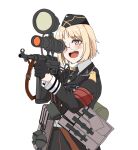  1girl aiming ammunition_pouch bangs belt bespectacled black_headwear black_jacket black_necktie blonde_hair collar_tabs collared_shirt crazy epaulettes explosive gas_mask_canister girls&#039;_frontline glasses grenade gun hat holding holding_gun holding_weapon infrared jacket korean_commentary light_blush long_sleeves military_hat military_jacket mp40 mp40_(girls&#039;_frontline) necktie night_vision_device open_mouth optical_sight pouch red_armband red_eyes round_eyewear shirt short_hair simple_background sleeve_cuffs sling_(weapon) solo stielhandgranate submachine_gun upper_body wani_(perfect_han) weapon white_background white_belt white_shirt zg_1229_vampir 