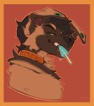  anthro artist_name back_tuft black_hair black_nose border brown_body brown_fur bust_portrait canid canine canis cheek_tuft collar domestic_dog ear_piercing facial_tuft floppy_ears food fur gauged_ear glistening glistening_hair glistening_nose green_eyes hair hi_res looking_at_viewer male mammal narrowed_eyes neck_tuft orange_border orange_collar piercing popsicle portrait pupbii red_background red_collar red_tongue simple_background solo tan_body tan_fur teeth tongue tongue_out tuft 