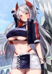  1girl azur_lane belt blurry blurry_foreground breasts checkered_flag clothing_cutout cowboy_shot cropped_shirt earpiece flag gloves grey_hair headgear highres holding holding_flag jacket large_breasts looking_at_viewer miniskirt multicolored_hair navel official_alternate_costume open_clothes open_jacket outdoors panties panty_straps prinz_eugen_(azur_lane) prinz_eugen_(final_lap)_(azur_lane) purple_gloves purple_jacket race_queen red_hair red_panties short_sleeves skirt solo standing streaked_hair swepot two-tone_hair two-tone_skirt underboob underboob_cutout underwear white_belt yellow_eyes zipper 