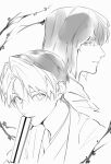  2boys bangs bob_cut fan_to_mouth greyscale hair_between_eyes highres hikaru_no_go japanese_clothes kiya looking_at_viewer looking_back male_focus monochrome multicolored_hair multiple_boys parted_bangs parted_lips shindou_hikaru short_hair touya_akira two-tone_hair upper_body white_background 