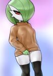  2022 absurd_res breasts clothed clothing female gardevoir generation_3_pokemon green_hair hair hi_res humanoid legwear loodncrood nintendo nipple_outline not_furry pokemon pokemon_(species) red_eyes simple_background solo thigh_highs video_games white_body 