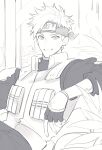 1boy facial_mark fingerless_gloves gloves greyscale headband highres indoors kiya long_sleeves looking_at_viewer male_focus monochrome naruto_(series) parted_lips plant potted_plant reclining short_hair sitting sleeves_rolled_up smile solo spiked_hair teeth upper_body uzumaki_naruto vest whisker_markings 