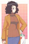  1girl bag bangs breasts brown_eyes brown_hair closed_mouth frown grocery_bag hands_up highres inkerton-kun jacket kawakami_sadayo looking_to_the_side medium_breasts open_clothes open_jacket persona persona_5 shopping_bag short_hair solo standing sweater turtleneck turtleneck_sweater 