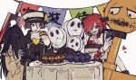  1boy 2girls a.b.a food ghost guilty_gear halloween highres key key_in_head ko_jira muffin multiple_girls paracelsus party red_hair s-ko stitched_mouth stitches zappa 