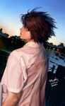  1boy absurdres black_eyes black_hair collared_shirt dated death_note hair_between_eyes highres jnkku l_(death_note) looking_at_viewer looking_back male_focus outdoors shirt short_hair short_sleeves solo spiked_hair sunset twitter_username upper_body white_shirt 