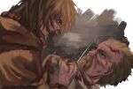  2boys askeladd blonde_hair blood blood_on_face blue_eyes brown_hair facial_hair fur_trim highres male_focus multiple_boys short_hair thorfinn user_acgj7373 viking vinland_saga 