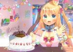  1girl :d bangs bare_shoulders birthday_cake blonde_hair blue_eyes blurry blurry_background blush bow breasts cake cleavage commentary_request commission crown depth_of_field detached_sleeves dress food hair_between_eyes hair_bow hands_up happy_birthday ikoi_momoa kou_hiyoyo long_hair looking_at_viewer medium_breasts mini_crown pennant pink_dress pink_sleeves propro_production puffy_short_sleeves puffy_sleeves red_bow short_sleeves skeb_commission sleeveless sleeveless_dress smile solo string_of_flags two_side_up very_long_hair virtual_youtuber wrist_cuffs 