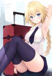  1girl absurdres arm_up armpits bangs blonde_hair blue_eyes blue_necktie blue_thighhighs blush braid breasts fate/apocrypha fate/grand_order fate_(series) highres jeanne_d&#039;arc_(fate) large_breasts long_braid long_hair looking_at_viewer necktie ochinsama shirt short_shorts shorts simple_background sitting smile solo suitcase thighhighs white_background white_shirt 