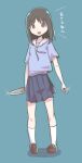  1girl :d azumanga_daioh bangs black_hair black_ribbon blue_background blue_serafuku blue_shirt blue_skirt breasts brown_eyes brown_footwear commentary dual_wielding full_body highres holding holding_knife kasuga_ayumu kitchen_knife kneehighs knife loafers looking_at_viewer medium_hair neck_ribbon pleated_skirt ribbon sailor_collar school_uniform serafuku shadow shirt shoes short_sleeves simple_background skirt small_breasts smile socks solo standing tairanoabokado white_sailor_collar white_socks yandere 