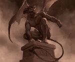  abs anthro balls crouching erection fangs fur gargoyle genitals hi_res horn humanoid_genitalia humanoid_penis male monochrome muscular muscular_anthro muscular_male nude pecs penis s_anima sepia solo were wings 