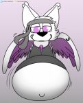  accessory ambiguous_gender anthro belly big_belly biped canid canine clothed clothing eyewear feathered_wings feathers fox foxball fur hair_accessory headgear headwear hi_res mammal navel presenting shirt simple_background smile solo teeth topwear white_body wings 