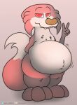  ambiguous_gender anthro belly big_belly biped canid canine drake_(kitty_pride) fangs fox foxball fur half-closed_eyes hi_res kitty_pride looking_at_viewer mammal multicolored_body narrowed_eyes navel nude orange_body pose simple_background smile solo standing teeth video_games 