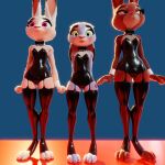  3d_(artwork) anthro bow_tie breasts camel_toe cleavage clothed clothing cuff_links digital_media_(artwork) disney eyelashes female full-length_portrait fur garter_straps glowing glowing_eyes green_eyes group half-closed_eyes hi_res judy_hopps lagomorph larger_female legwear leotard leporid looking_at_viewer looking_away looking_down mammal multicolored_body multicolored_fur narrowed_eyes pink_eyes pochemu portrait rabbit rubber rubber_clothing rubber_suit side_by_side simple_background size_difference small_breasts smaller_female standing stockings tight_clothing trio two_tone_body two_tone_fur white_body white_fur zootopia 