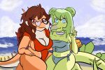  anthro aquilops beach bikini blue_eyes breasts chubby_female cleavage clothed clothing dinosaur duo eyewear female gesture glasses goodbye_volcano_high green_body green_hair hair long_hair looking_at_viewer multicolored_body orange_body ornithischian red_body red_eyes reptile rosa_(gvh) scalie seaside side_boob slightly_chubby snoot_game_(fan_game) spiked_tail spikes spikes_(anatomy) stegosaurian stegosaurus stella_(gvh) swimwear thyreophoran two_tone_body unknown_artist v_sign video_games 