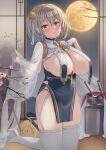  1girl azur_lane branch breast_curtains china_dress chinese_clothes dress flower full_body full_moon gloves grey_dress half_gloves highres indoors itaba_atsushi kneeling looking_at_viewer manjuu_(azur_lane) medium_hair moon night official_alternate_costume pelvic_curtain pink_flower revealing_clothes ribbon_between_breasts see-through see-through_sleeves sirius_(azur_lane) sirius_(azure_horizons)_(azur_lane) solo thighhighs turret white_garter_straps white_gloves white_thighhighs 