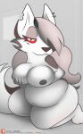  anthro belly big_belly big_breasts biped breasts breasts_squish canid canid_demon demon female foxball fur grey_hair hair half-closed_eyes hellhound helluva_boss hi_res long_hair looking_at_viewer loona_(helluva_boss) mammal narrowed_eyes navel nipples nude pose presenting simple_background sitting smile solo white_body 