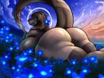  2022 anthro big_breasts big_butt black_hair breasts butt detailed_background digital_media_(artwork) female hair hi_res huge_breasts huge_butt huge_hips huge_thighs looking_at_viewer looking_back lutrine lying mammal mustelid n&#039;aschi_ombrelune on_front rear_view side_boob solo thick_tail thick_thighs tyunre 