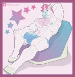  abs absurd_res anthro balls bulge clothed clothing digital_media_(artwork) equid equine erection genitals hair half-erect hi_res horn male mammal muscular muscular_anthro muscular_male nipples pecs penis pink_hair simple_background smile solo unibro_pi unibro_pi_(character) unicorn 